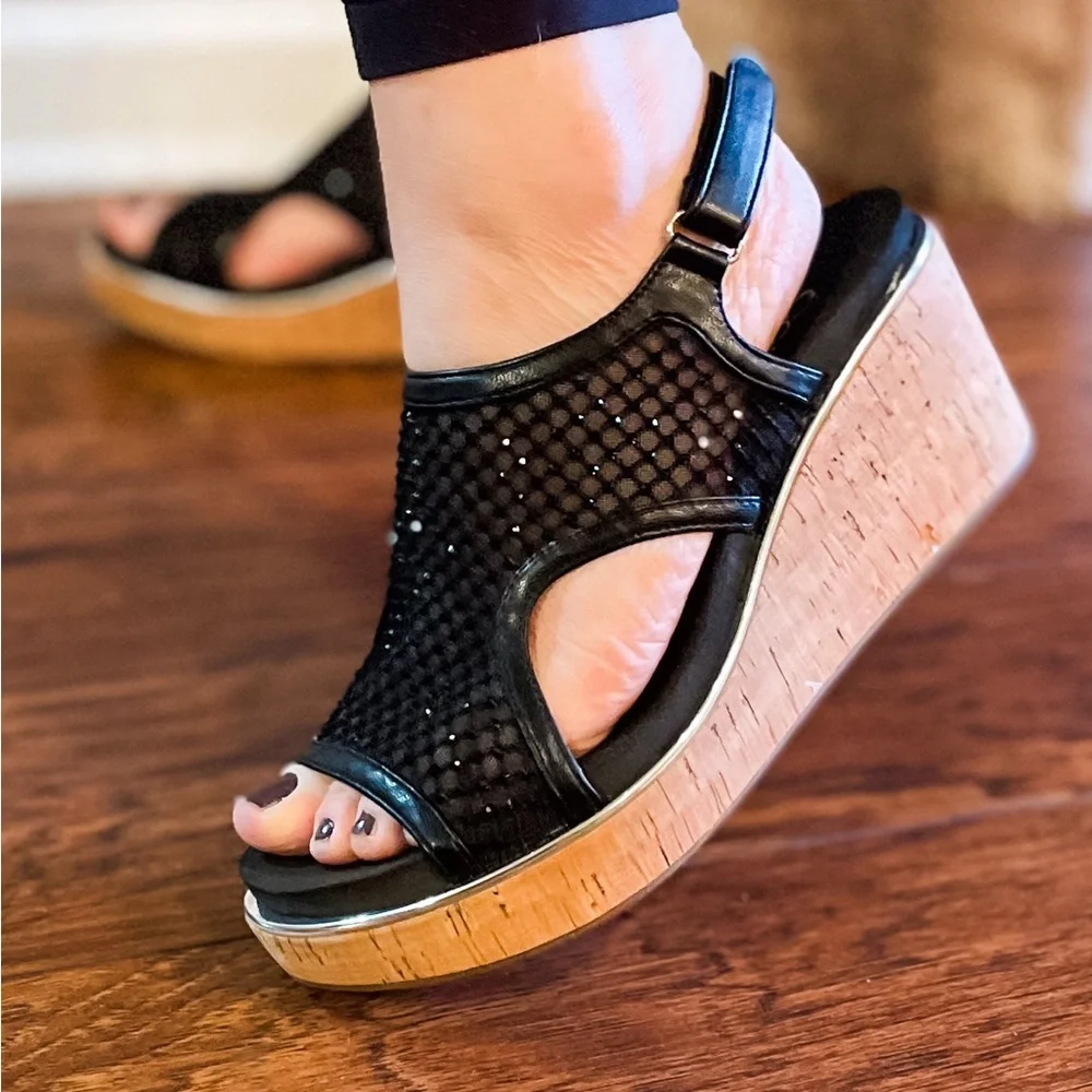 Corkys Black Mesh Cork Wedge Sandals